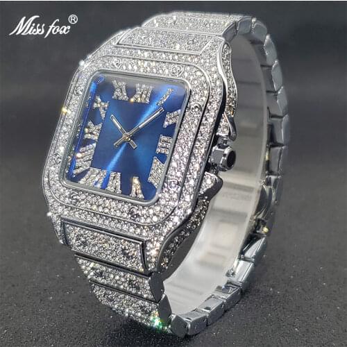 Hiphop MISSFOX Rectangle Tank Watches Men Luxury Fully Iced Out Watches Platinum Diamond Japan Movt Classic Replica Male Watch