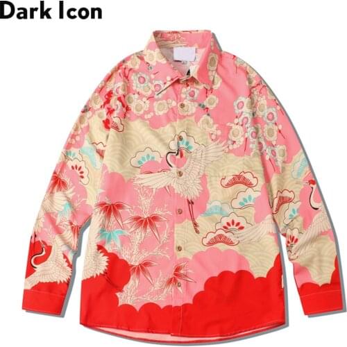 Dark Icon Red Crane Mens Shirt Long Sleeve Turn-down Collar Shirts for Men
