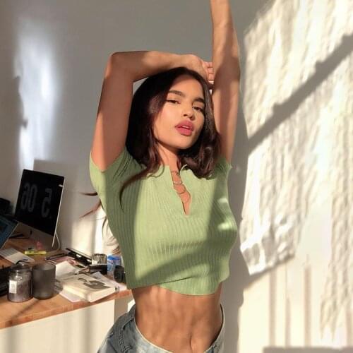 SEASONS Casual Knitted Slim Crop Tops T Shirt Women Short Sleeve Woman Tshirt Fashion Turn-down Collar T-shirt Ladies ASTS80569