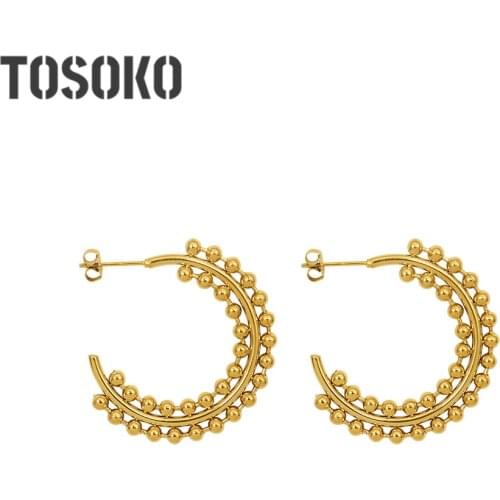 TOSOKO Stainless Steel Jewelry Steel Ball Splicing C-Shaped Earrings Womens Fashion Earrings BSF461