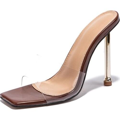 Summer New Pumps Fashion Clear Slippers Sandals Shoes Women Thin High Heels Slip On Slides Pvc Transparent Zapatillas Mujer Casa