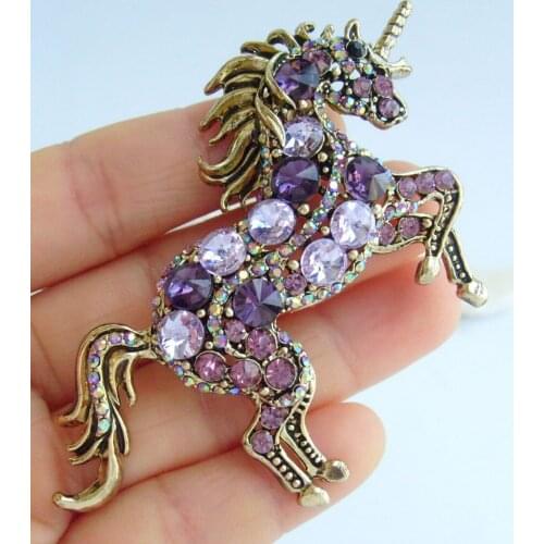 Unique Animal Unicorn Horse Brooch Pin Purple Rhinestone Crystal Pendant EE06172C4
