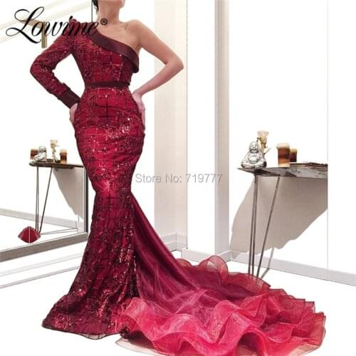Robe De Soiree One Shoulder Burgundy Evening Dresses Shiny Fabric Dubai Saudi Arabic Party Dress 2019 Mermaid Tulle Prom Gowns