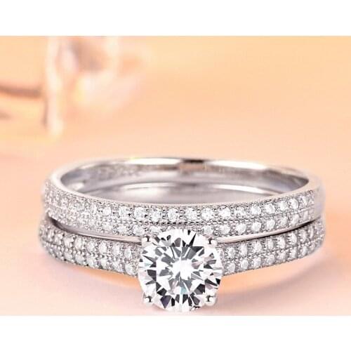 Vintage Wedding Double Ring Luxury Female Round Lab Diamond Ring Sets 100% Real 925 Sterling Silver Engagement Rings For Women
