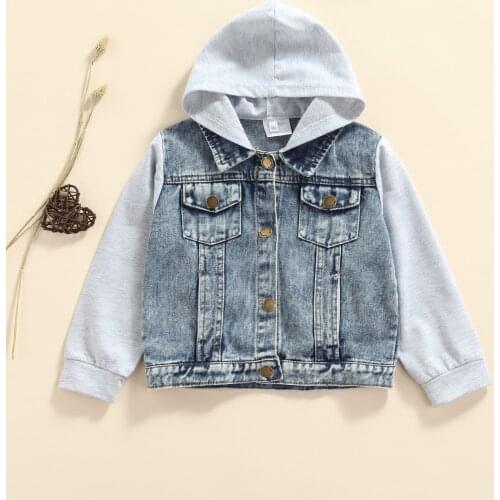 FOCUSNORM 2-7Y Infant Kids Boys Causal Jacket Outwear Long Sleeve Denim Patchwork Single Breasted Hooded Coat