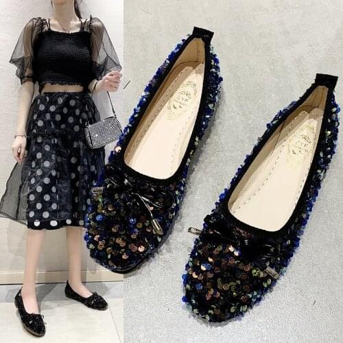 Spring Autumn Woman Flats Bling Slip on Shoes Bow Loafers Glitter Girls Princess Shoes Cute Boat Shoes Black zapatos mujer 8678G