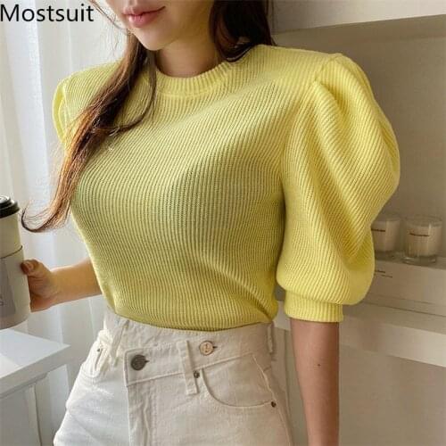 2020 Summer Knitted Korean Puff Sleeve T Shirts Tops Women Short Sleeve O-neck Solid Fashion Ladies Basic Casual Tshirts Tees