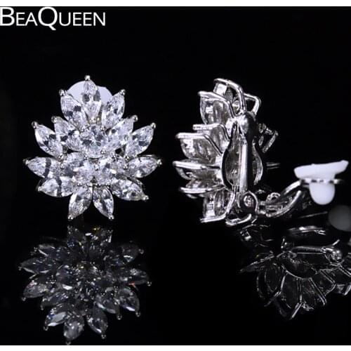 BeaQueen Lovely Cubic Zircon Crystal Women Fashion Flower No Hole Ear Jewlery Japanese Clip Earrings Without Piercing E187