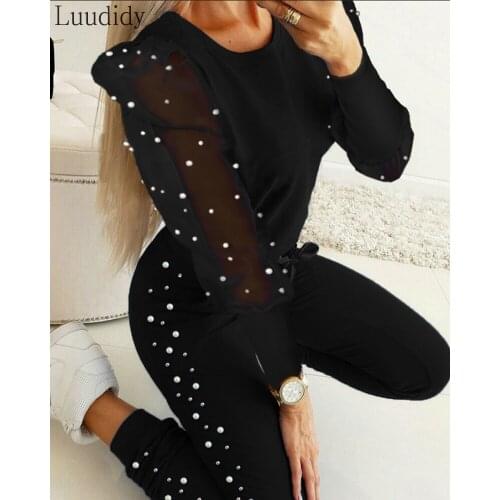 Women Beaded Sheer Mesh Sleeve Top & Pants Set