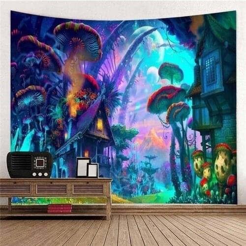 3D Psychedelic Fairytale Mushroom World Tapestry Wall Hanging Art Print Wall Hanging Aesthetic Room Decor Decoration Mural 95X73
