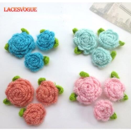 5sets/lot Handmade woolen Yarn Crochet Knitted Flower applique Patchwork DIY needlework sewing accessories Cloth paste 385