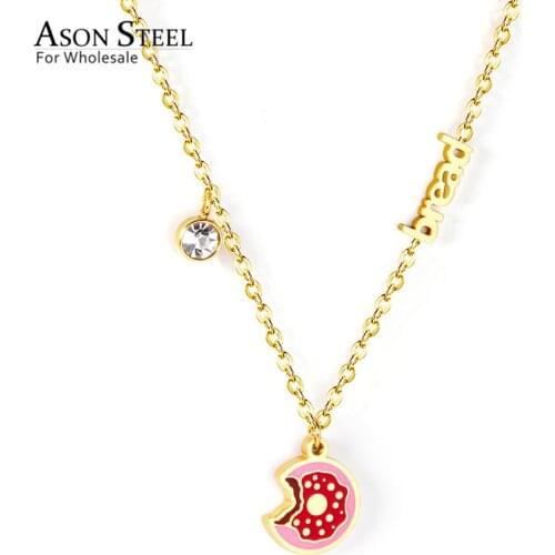 ASONSTEEL Gold Color Stainless Steel Chain Bread Pendant Necklace with Cubic Zirconia for Women Girl Fashion Jewelry Gift
