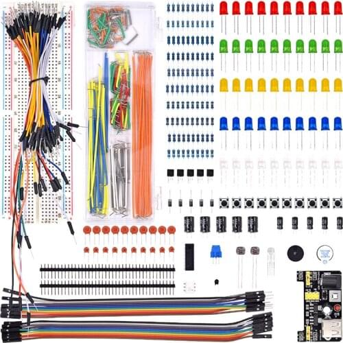 Electronics Component Basic Starter Kit with 830 tie-points Breadboard Cable Resistor, Capacitor, LED, Potentiometer