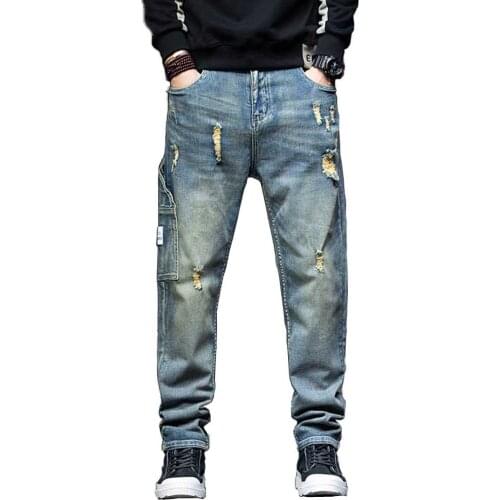Trendy Cargo Pants Men Casual Distressed Jeans Patchwork Loose Baggy Trousers Streetwear Denim Pants Plus Size Retro Jeans