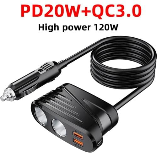 CDEN 2 cigarette lighter distributors high power 120W with two USB ports QC3.0 Car fast charger charging USB-C PD 20W