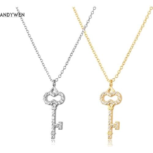 ANDYWEN 925 Sterling Silver Gold Zircon Pave Key Pendant Long Chain Necklace 2021 Wedding Jewelry Luxury Crystal CZ Rock Punk