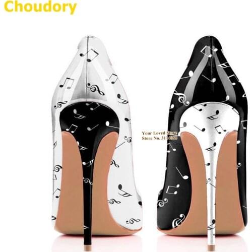 Choudory White Black Music Notes Printed High Heel Shoes 12cm Stiletto Heels Pointed Toe Patchwork Slip-on Wedding Pumps Size45
