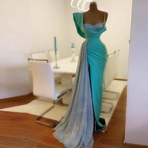 Real Picture Prom Dresses abiye Long Evening Gowns Beads Spaghetti 2021 robe de soirée de mariage Aqua Evening Dress Sequin Tail