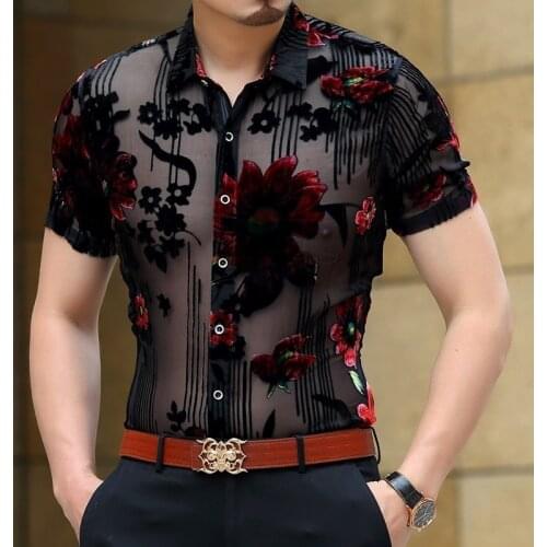 Men Club Party 2019 New DJ Prom Shirt Short Sleeve Chemise Homme Transparent Flower Velvet Shirt Men See Through Lace Shirt