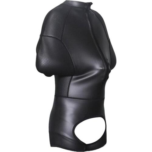 Men Wet Look Leather Open Crotch Bodysuit Constraint Leotard Underwear