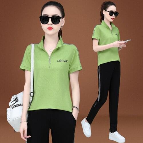 Spring Summer T Shirts And pants Women Two Piec Set Summer Short Sleeve Stand collar Casual 2 Piece Joggers Biker Shorts Outfit