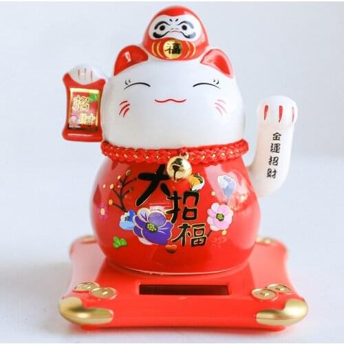 4.2 inch Solar Powered Ceramic Lucky Cat Daruma Figurine Shaking Arm Beckoning Fortune Cat Home Car Decor Wealth Maneki Neko