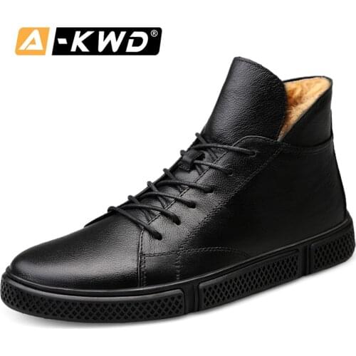 Fashion Black Sneakers Men Genuine Leather Cowhide Chaussures Homme High Top Winter Sneakers Mens With Fur Lace-up Mans Shoes Autumn Single Men Leather Shoes Sneakers Homme Plus Size Shoes 37-46 Mens Winter Footwear