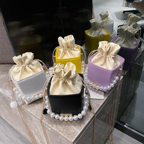PU Leather Square Box Crossbody Bags For Women 2021 Pearl Chain Drawstring Shoulder Bags Elegant Ladies Daily Shopping Bag
