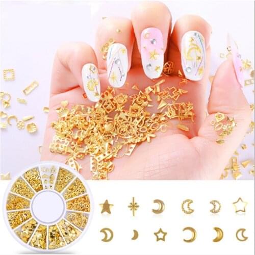 1 box 200ps Metal Charm Nail Metallic Mix Multi-shaped Studs Frame Alloy Nail Art Gems Decoration Rhinestones Wheel DIY Tips