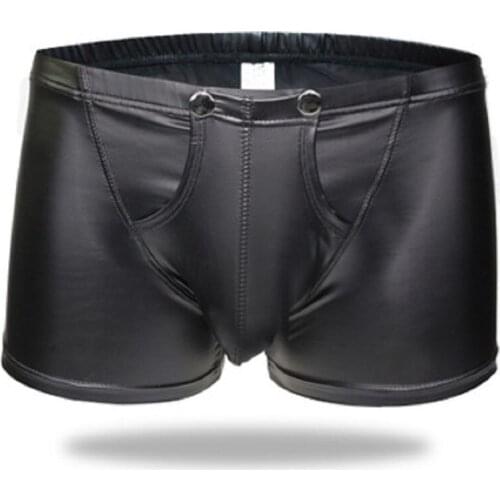 Mens Faux Leather Underwear Boxer Shorts Patent Leather Body Shaping Physiology Convex Design Open U Crotch Male Erotic lingerie