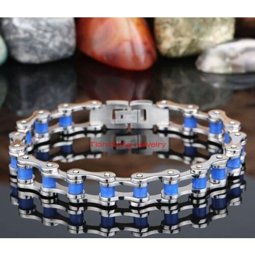 New Punk Jewelry Silver Color Blue Cool 100% 316L Stainless Steel Motorcycle Biker Chain Bracelet Mens Bangle Jewelry
