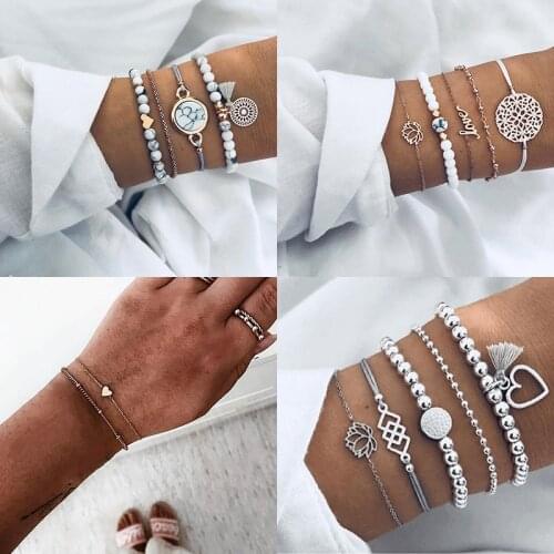 New Bohemian Beads Chain Tassel Bracelet Set For Women Trendy Heart lotus Charm Bangle Ladies Boho Jewelry Gift