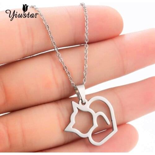 Yiustar Charming Cate Pendant Necklace Steel Color Hollow Stainless Steel Necklace Generous Animal Choker Female Jewelry for Kid