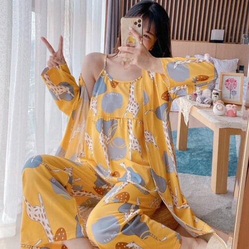 3 Piece Pajama Set Women Floral Printed Sleepwear Autumn Womens Clothing Sling Top Pants Long Robe Pajamas Sets Nightwear Suit