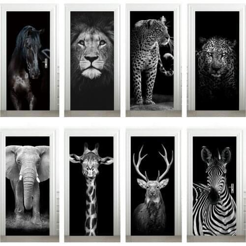 Self-Adhesive Waterproof Wallpaper Elephant Tiger Lion Animal Door Sticker Pvc Diy Door Decor Living Room Bedroom Poster
