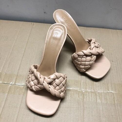 Hgih quality slippers Women Pumps Fashion Brand Weave Slippers Thin High Heels Female Shoes Slides Woman Shoes