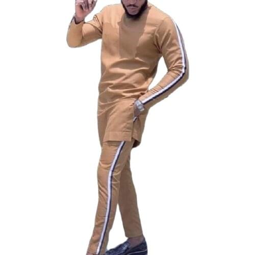 Nigerian Style Black/White Stripes Men Patchwork Shirts African Occasion Tailor Made Fashion Tops+ Solid Trousers