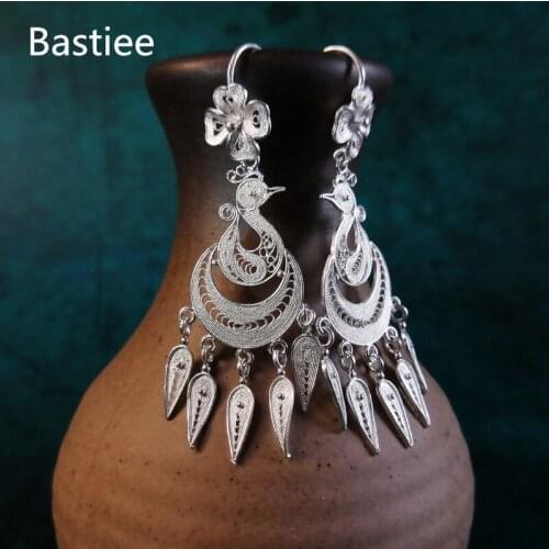 Bastiee Dangle Earrings Unusual Peacock Tassel Earring 999 Sterling Silver Women Jewelry Miao Handmade Vintage Ethnic Girl