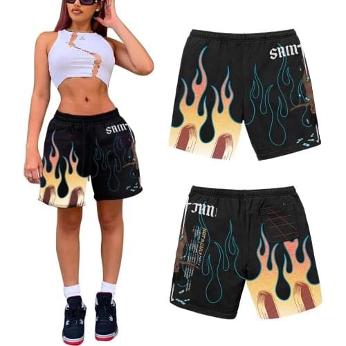 Women Summer Casual Trainning And Exercise Shorts Lady Fork/Skull/Flame Print Elastic Middle-Waist Loose Short Pants For Girls