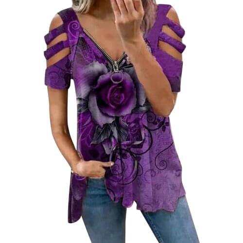 Plus Size Womens Tops And Blouses Womens Summer Rose Print Cutout Short-sleeved V-neck Zipper Top Blusas Mujer De Moda 2021