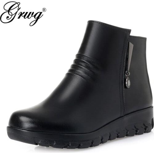 GRWG 2021 Genuine Leather Ankle Boots Warm Wool Snow Boots Women Wedge Ladies High Quality Winter Boots Fashion Shoes
