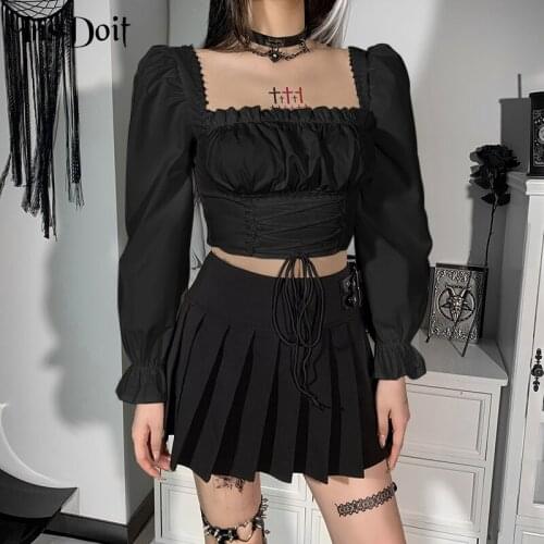 InsDoit Gothic Clothese Bandage Black Corset Womens T-shirts Sexy Puff Sleeve Autumn T Shirt Ruched Harajuku Aesthetic Crop Top