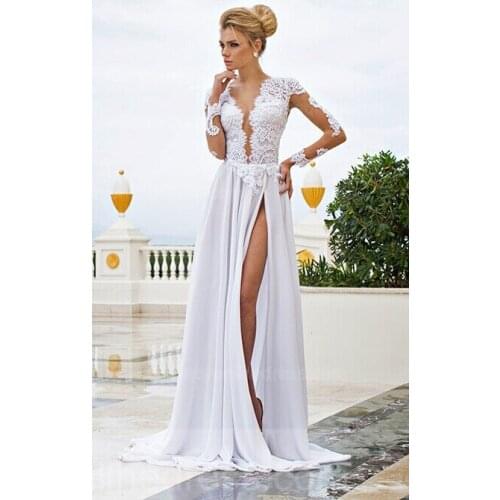 White Color Elegant Vestidos De Festa Lace Appliques Sheer Long Sleeve Sexy Open Low Back Mature Ladies Evening Dresses(ESD114)