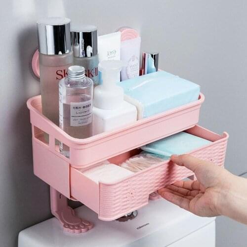2 Layers Drawer Type Toilet Storage Rack Organizer Bathroom Shampoo Shower Gel Cosmetics Storage Basket With 2 Hooks