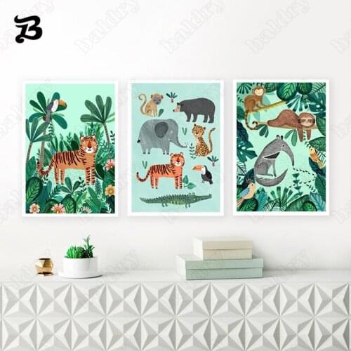 Abstract Animal Green Plant Canvas Painting Wall Art Canvas Poster Elephant Monkey Wall Pictures Animals Home Wall Decoration