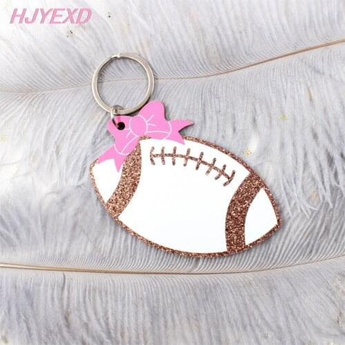 1piece)76mm Acrylic Football Keychain Glitter Rugby Monagram With Ring Mom Gift Laser Cutout-KC030