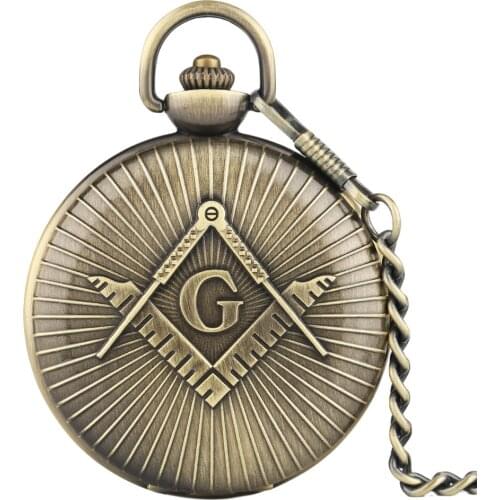 Vintage Copper Oversize Big "G" Freemasons Bronze Quartz Poket Watch with Pendant Chain Unisex Retro Clock Men Women Watch Gift