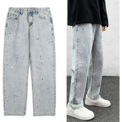 Mens Pants Light Colored Jeans Trendy Brand Loose Straight Trousers for Summer d88
