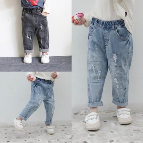 2 3 4 5 6 7 Years Boys Jeans Casual Ripped Elastic Waist Pants for Girls Spring Autumn Casual Fashion Trousers Kids Jeans 2019