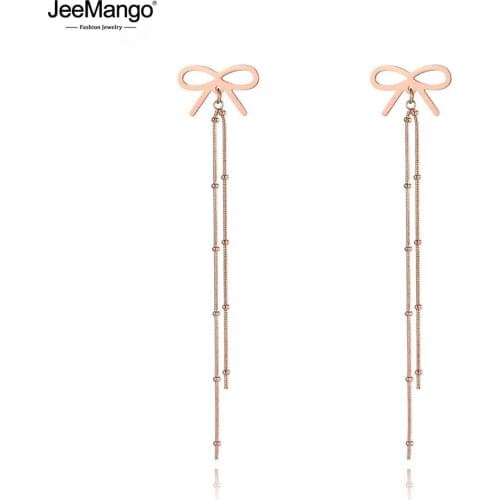 JeeMango Cute/Romantic Design Titanium Steel Tassel Dangle Earrings Bohemia Bowknot Chain Drop Earrings For Women Girls JE19156
